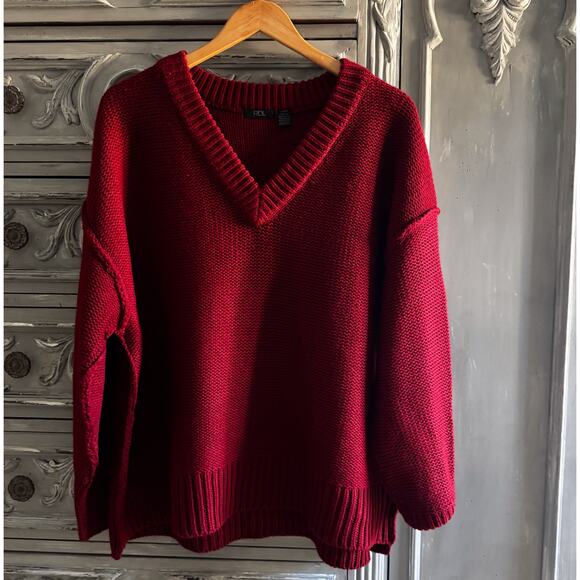 RDI Red Sweater Sz L Shoulder & Arm Seams Women's Chunky Knit V-neck Cabincore - Picture 5 of 12